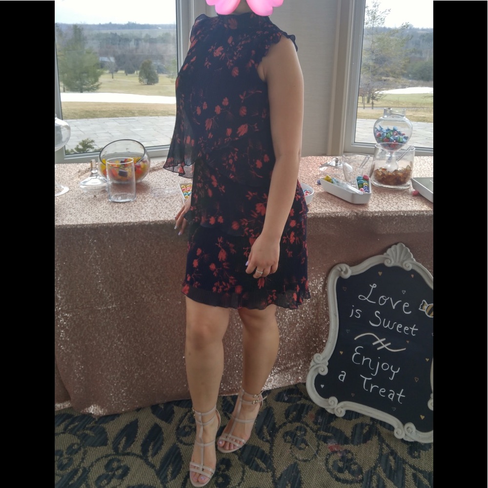 MARCIANO DRESS- NAVY BLUE & PINK FLORALS-HIGH NECK- WEDDING- BRIDAL - Size XS